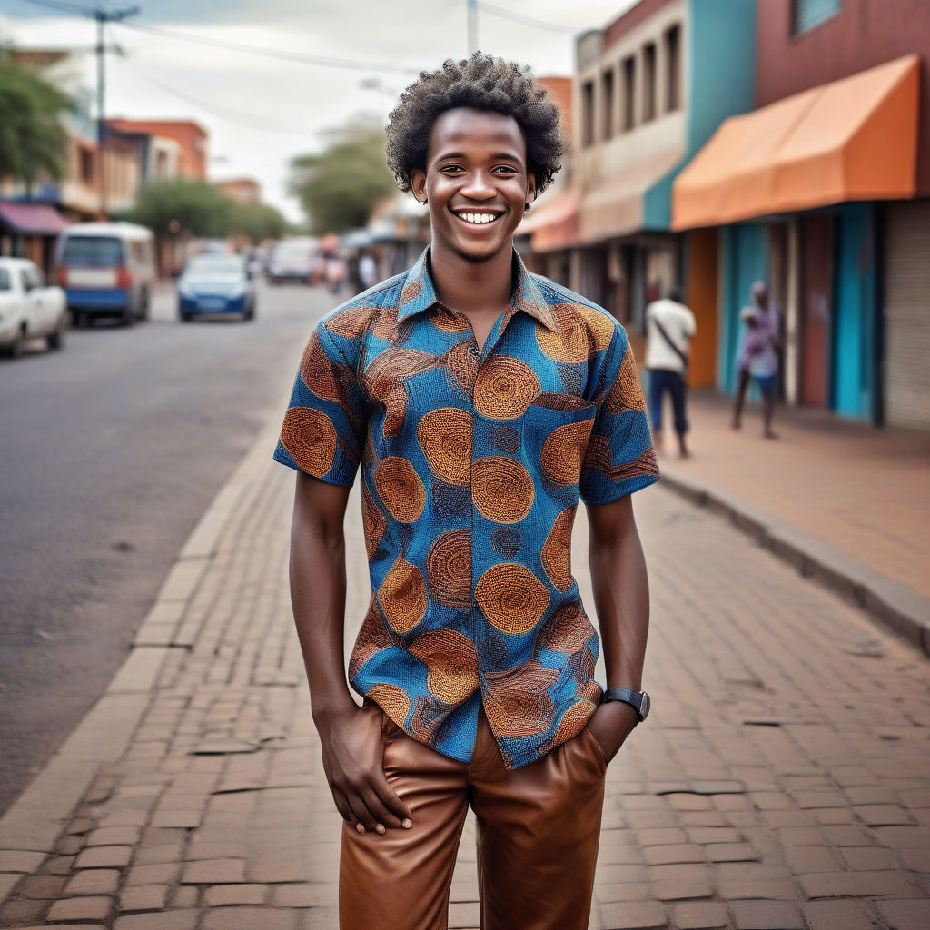 a young Botswanan man in his mid-20s from Botswana. He has short, curly black hair and a warm smile. His outfit reflects modern Botswanan fashion: he is wearing a traditional shweshwe shirt with vibrant patterns, paired with comfortable trousers and leather sandals. The background features a lively Botswanan street with bustling markets and traditional architecture, capturing the essence of Botswanan culture and style.