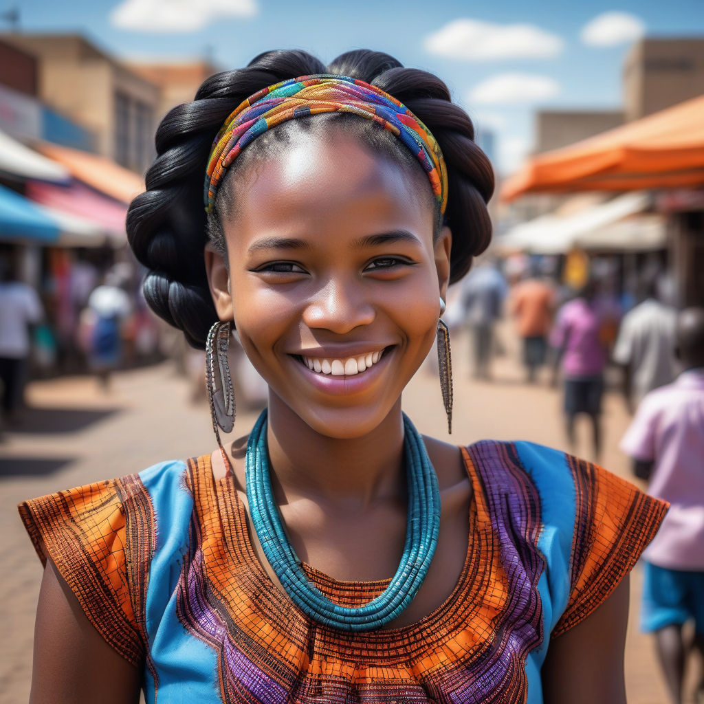 a young Botswanan woman in her mid-20s from Botswana. She has long, braided black hair and a bright smile. Her outfit reflects modern Botswanan fashion: she is wearing a traditional shweshwe dress with vibrant patterns, paired with traditional jewelry. The background features a lively Botswanan street with bustling markets and traditional architecture, capturing the essence of Botswanan culture and style.