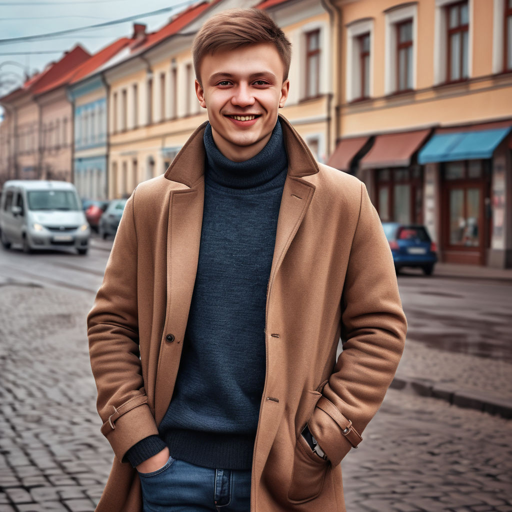 a young Belarusian man in his mid-20s. He has short, light brown hair and a friendly smile. His outfit reflects modern Belarusian fashion: he is wearing a stylish, fitted coat over a casual sweater, paired with slim-fit jeans and leather shoes. The background features a picturesque Belarusian street with historic buildings and a cozy atmosphere, capturing the essence of Belarusian culture and style.