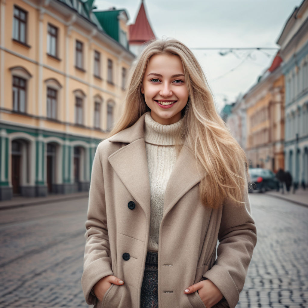 a young Belarusian woman in her mid-20s. She has long, blonde hair and a warm smile. Her outfit reflects modern Belarusian fashion: she is wearing a stylish, fitted coat over a cozy sweater, paired with a fashionable skirt and ankle boots. The background features a charming Belarusian street with historic buildings and a cozy atmosphere, capturing the essence of Belarusian culture and style.