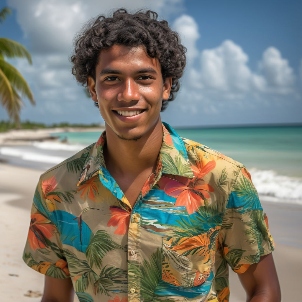 a young Belizean man in his mid-20s from Belize. He has short, curly black hair and a friendly expression. His outfit reflects traditional Belizean fashion: he is wearing a casual, brightly colored shirt with a tropical pattern, paired with khaki shorts and simple sandals. The background features a serene Belizean beach with clear blue waters and palm trees, capturing the essence of Belizean culture and style.