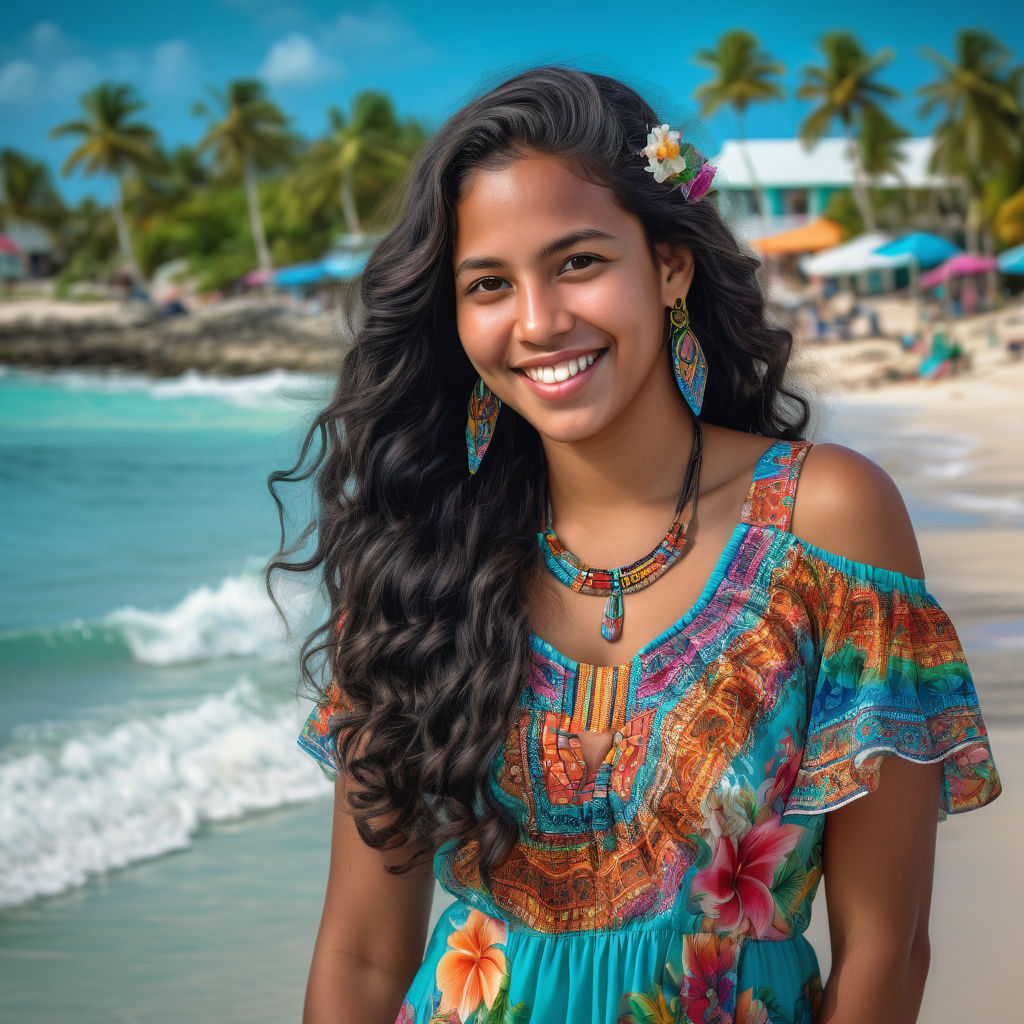 a young Belizean woman in her mid-20s from Belize. She has long, wavy black hair and a warm, welcoming smile. Her outfit reflects traditional Belizean fashion: she is wearing a colorful, floral dress with vibrant patterns, paired with simple yet elegant jewelry. The background features a beautiful Belizean beach with turquoise waters and lush palm trees, capturing the essence of Belizean culture and style.