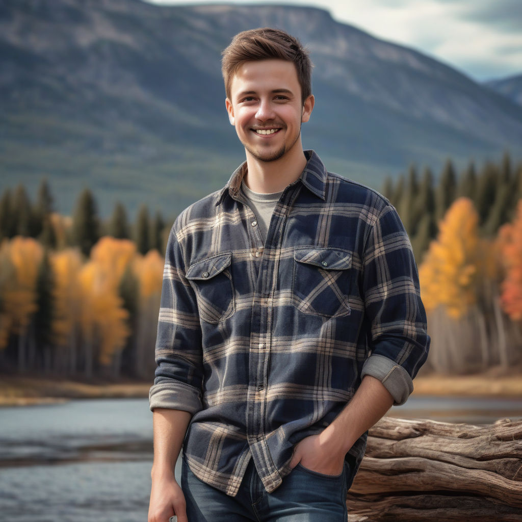 a young Canadian man in his mid-20s. He has short brown hair, a light beard, and a friendly smile. His outfit reflects modern Canadian fashion: he is wearing a casual plaid flannel shirt, paired with jeans and rugged boots. The background features a scenic Canadian landscape with a mix of urban and natural elements, capturing the essence of Canadian culture and style.