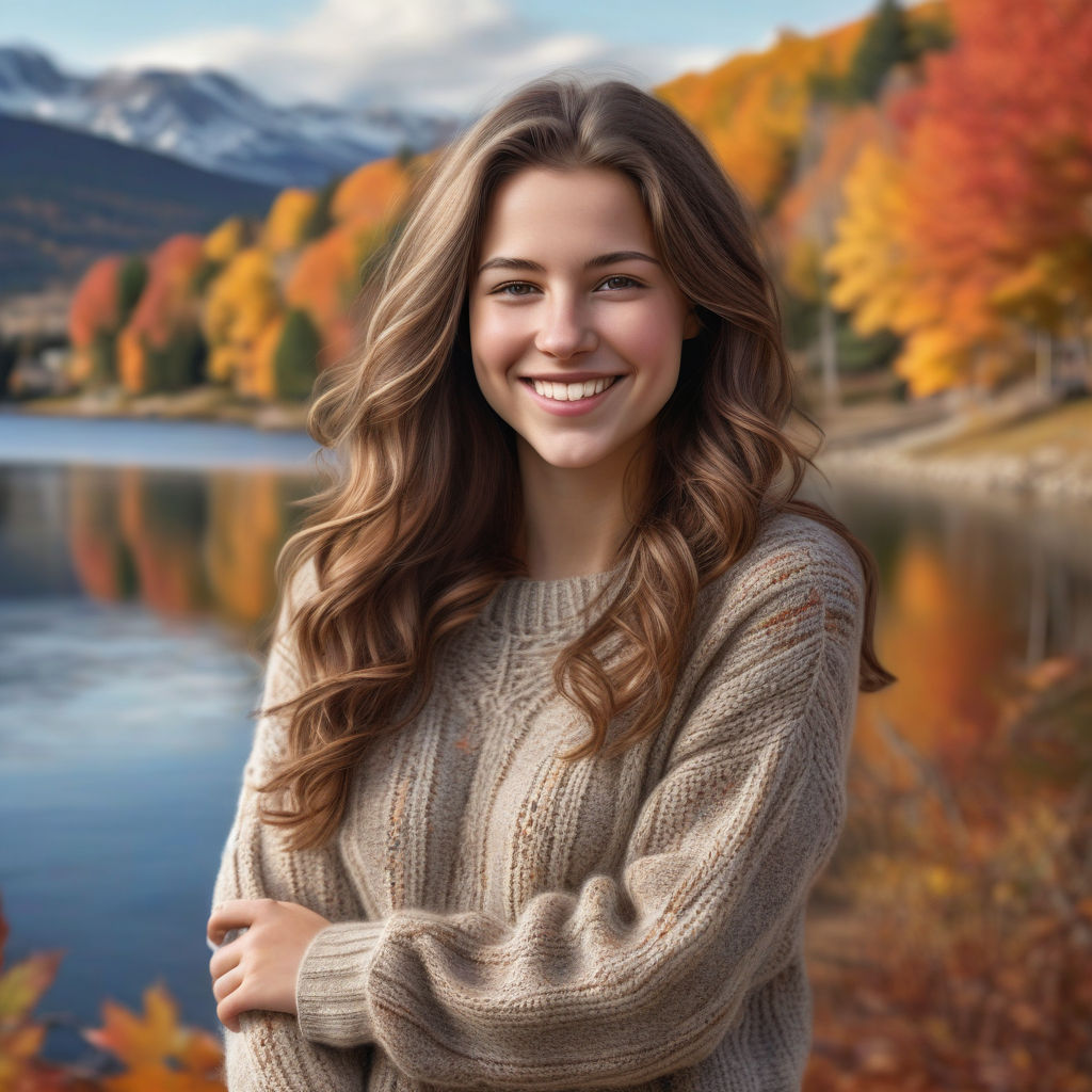 a young Canadian woman in her mid-20s. She has long, wavy brown hair and a cheerful smile. Her outfit reflects modern Canadian fashion: she is wearing a cozy knit sweater, paired with jeans and ankle boots. The background features a scenic Canadian landscape with autumn foliage and a mix of urban and natural elements, capturing the essence of Canadian culture and style.