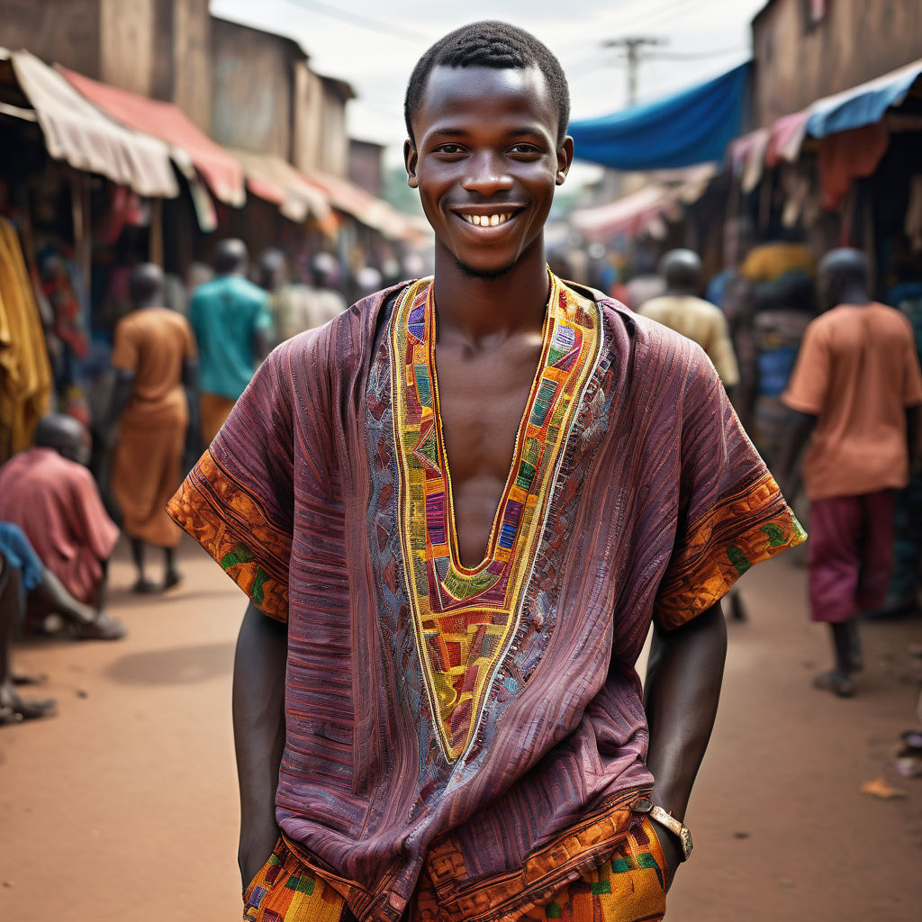 a young Central African man in his mid-20s from the Central African Republic. He has short, curly black hair and a warm smile. His outfit reflects traditional Central African fashion: he is wearing a colorful, embroidered boubou paired with comfortable trousers and leather sandals. The background features a lively Central African street with bustling markets and traditional architecture, capturing the essence of Central African culture and style.