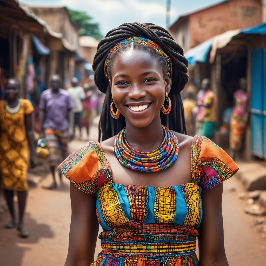 a young Central African woman in her mid-20s from the Central African Republic. She has long, braided black hair and a bright smile. Her outfit reflects traditional Central African fashion: she is wearing a colorful, patterned dress paired with traditional jewelry. The background features a lively Central African street with bustling markets and traditional architecture, capturing the essence of Central African culture and style.