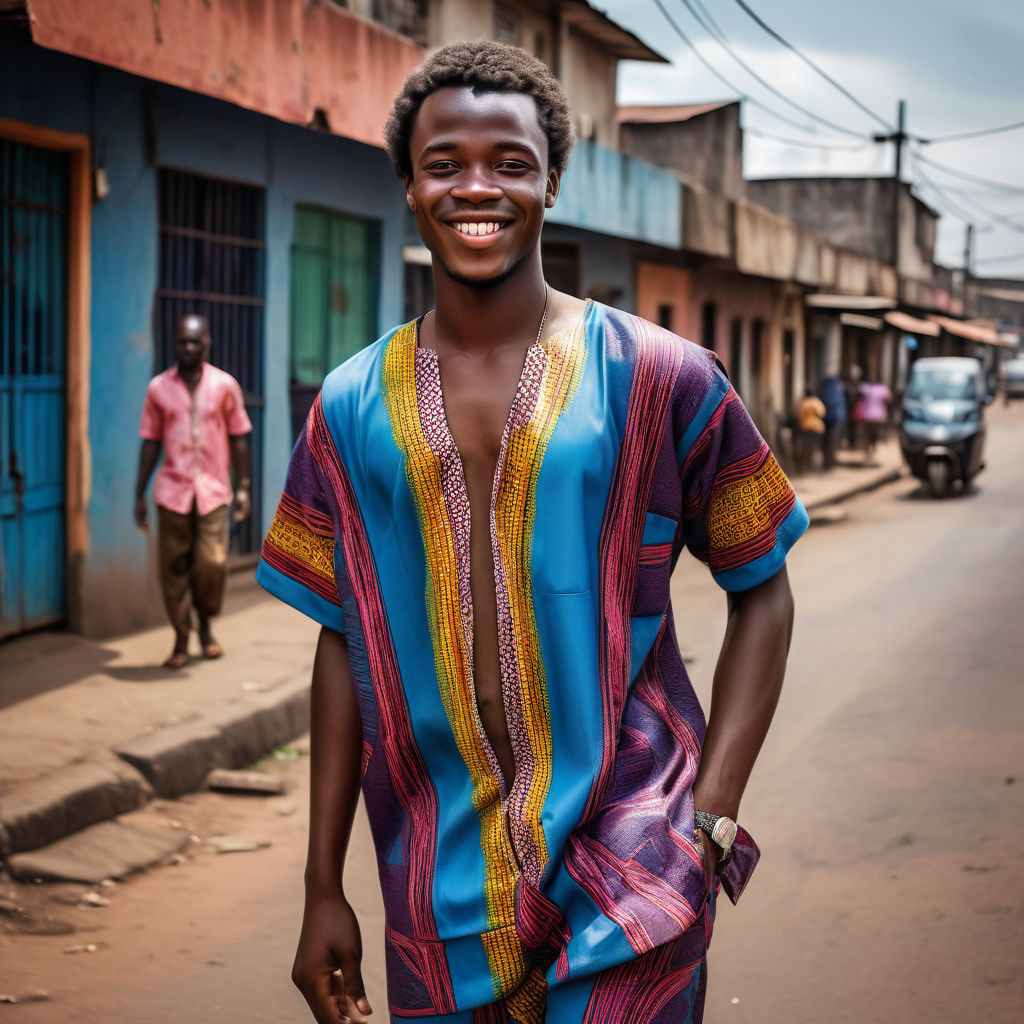 a young Congolese man in his mid-20s from the Republic of the Congo. He has short, curly black hair and a warm smile. His outfit reflects modern Congolese fashion: he is wearing a traditional boubou with vibrant patterns, paired with comfortable trousers and leather sandals. The background features a lively Congolese street with bustling markets and traditional architecture, capturing the essence of Congolese culture and style.