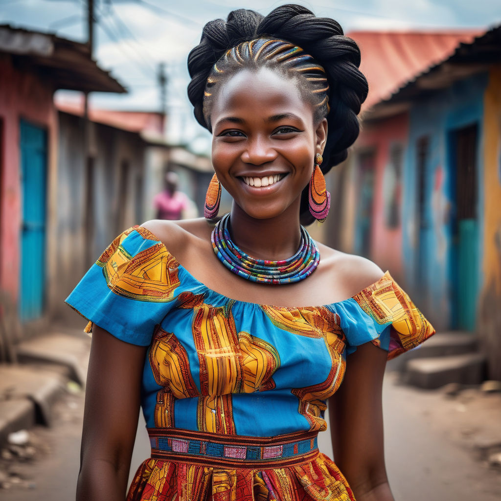 a young Congolese woman in her mid-20s from the Republic of the Congo. She has long, braided black hair and a bright smile. Her outfit reflects modern Congolese fashion: she is wearing a traditional pagne dress with vibrant patterns, paired with traditional jewelry. The background features a lively Congolese street with bustling markets and traditional architecture, capturing the essence of Congolese culture and style.