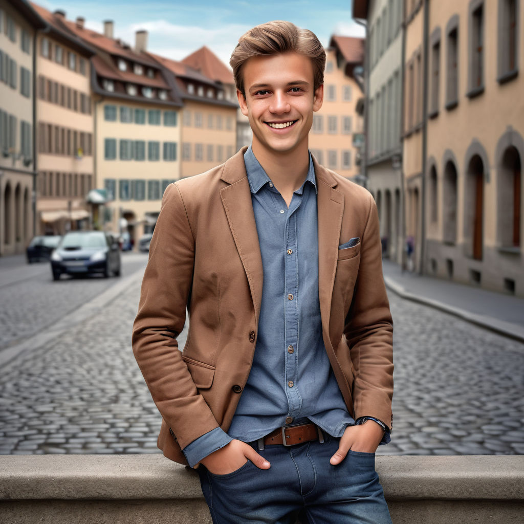 a young Swiss man in his mid-20s. He has short, light brown hair and a friendly smile. His outfit reflects modern Swiss fashion: he is wearing a stylish, fitted blazer over a casual shirt, paired with slim-fit jeans and leather shoes. The background features a picturesque Swiss street with historic buildings and a cozy atmosphere, capturing the essence of Swiss culture and style.