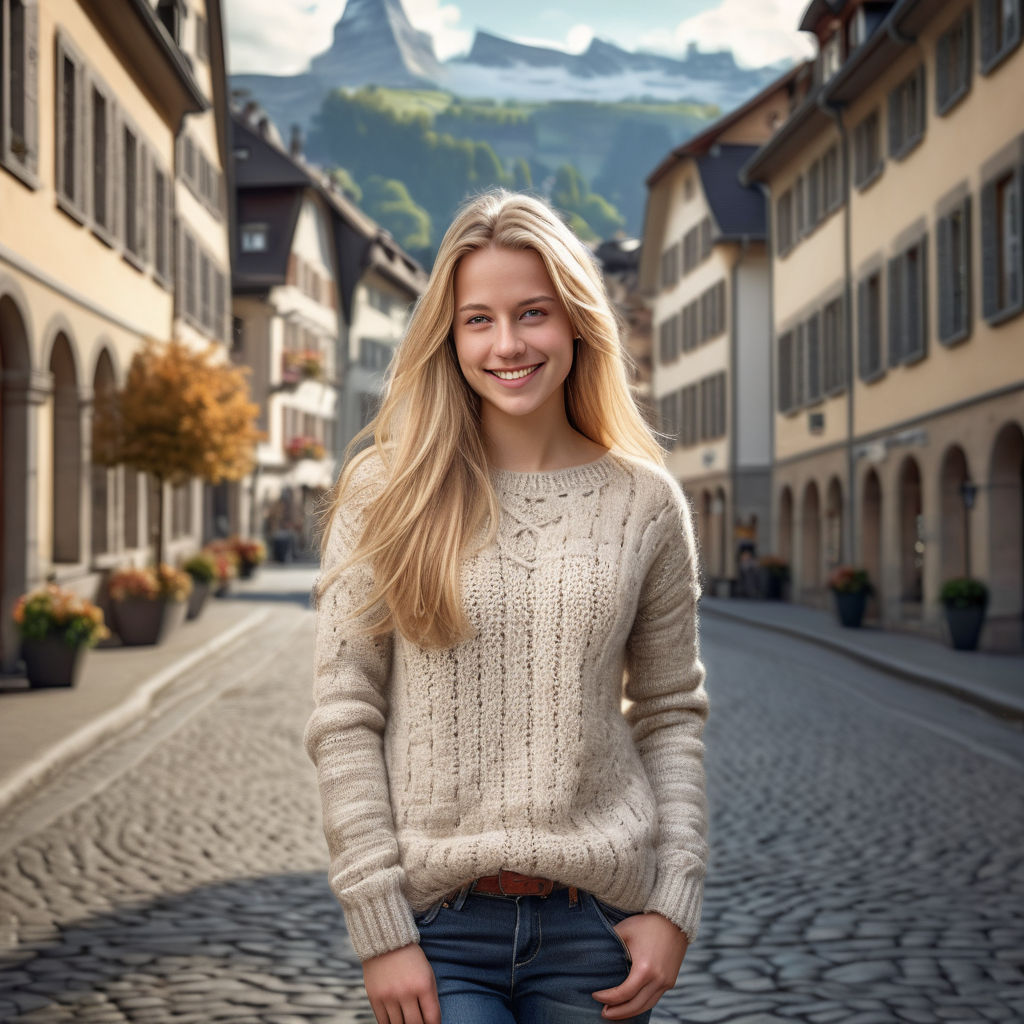 a young Swiss woman in her mid-20s. She has long, blonde hair and a warm smile. Her outfit reflects modern Swiss fashion: she is wearing a stylish, cozy knit sweater paired with slim-fit jeans and ankle boots. The background features a picturesque Swiss street with historic buildings and a cozy atmosphere, capturing the essence of Swiss culture and style.