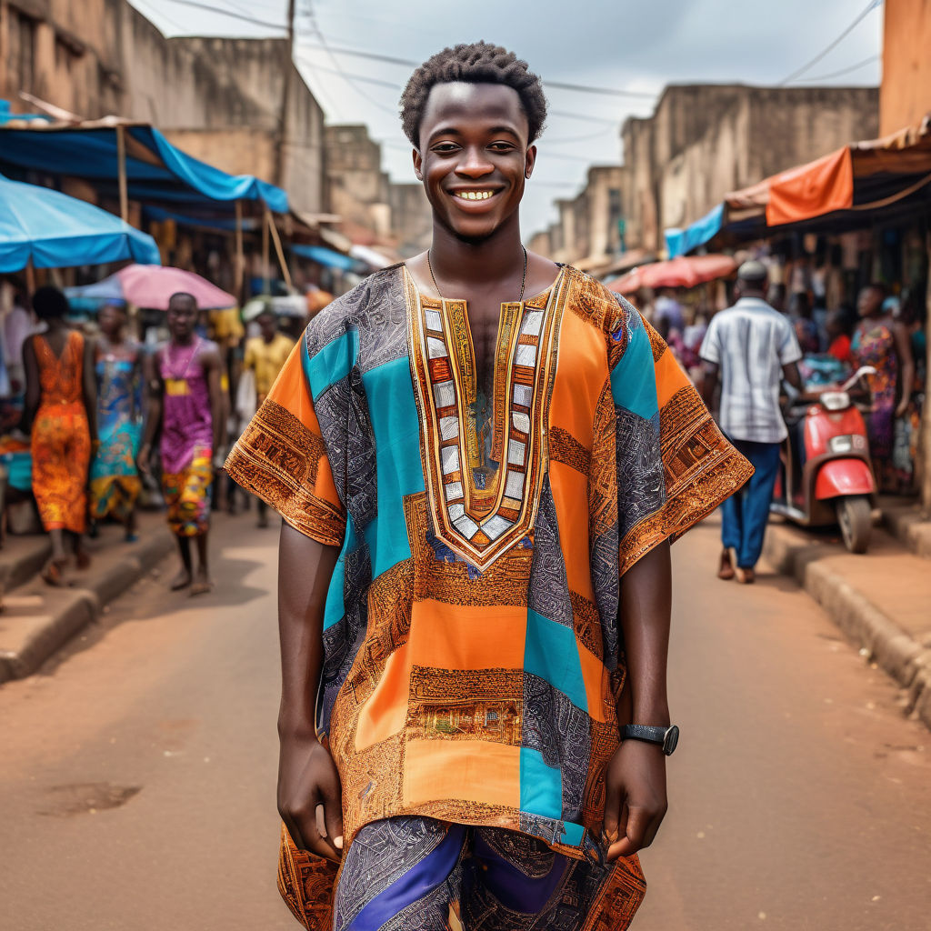 a young Ivorian man in his mid-20s. He has short, curly black hair and a warm smile. His outfit reflects modern Ivorian fashion: he is wearing a traditional colorful boubou with intricate patterns, paired with casual trousers and leather sandals. The background features a lively Ivorian street with bustling markets and traditional architecture, capturing the essence of Ivorian culture and style.