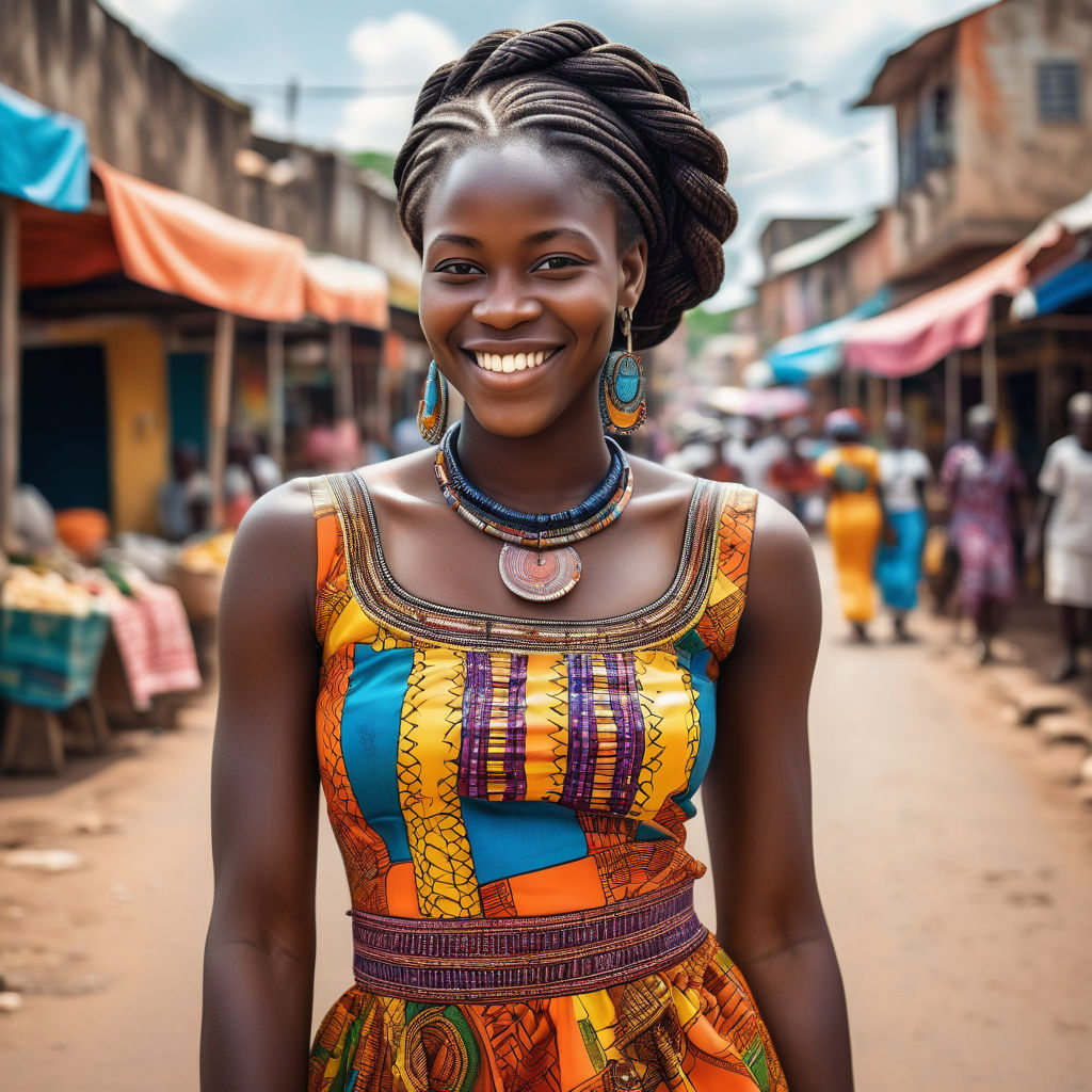 a young Ivorian woman in her mid-20s. She has long, braided black hair and a bright smile. Her outfit reflects modern Ivorian fashion: she is wearing a traditional colorful pagne dress with intricate patterns, paired with traditional jewelry. The background features a lively Ivorian street with bustling markets and traditional architecture, capturing the essence of Ivorian culture and style.