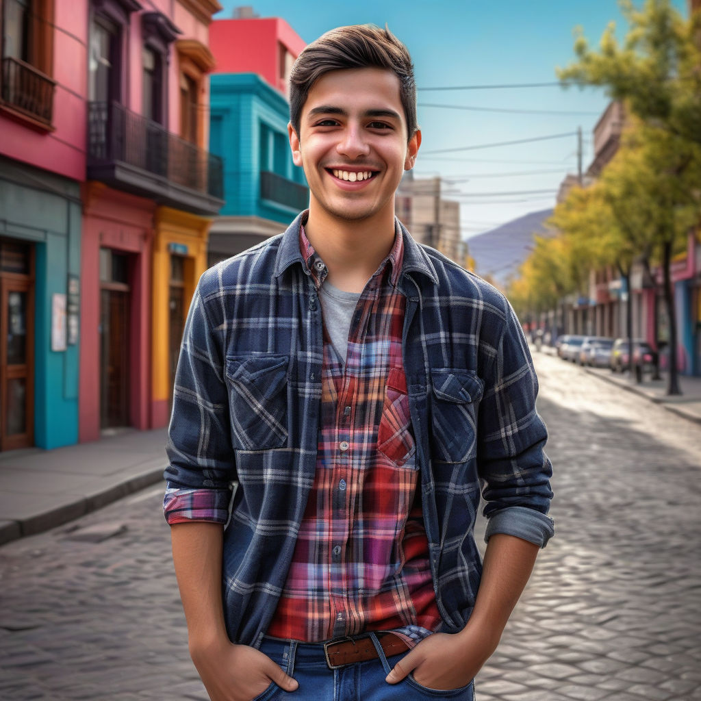 a young Chilean man in his mid-20s. He has short, dark hair and a friendly smile. His outfit reflects modern Chilean fashion: he is wearing a casual, fitted plaid shirt paired with jeans and stylish sneakers. The background features a lively Chilean street with colorful buildings and a vibrant atmosphere, capturing the essence of Chilean culture and style.