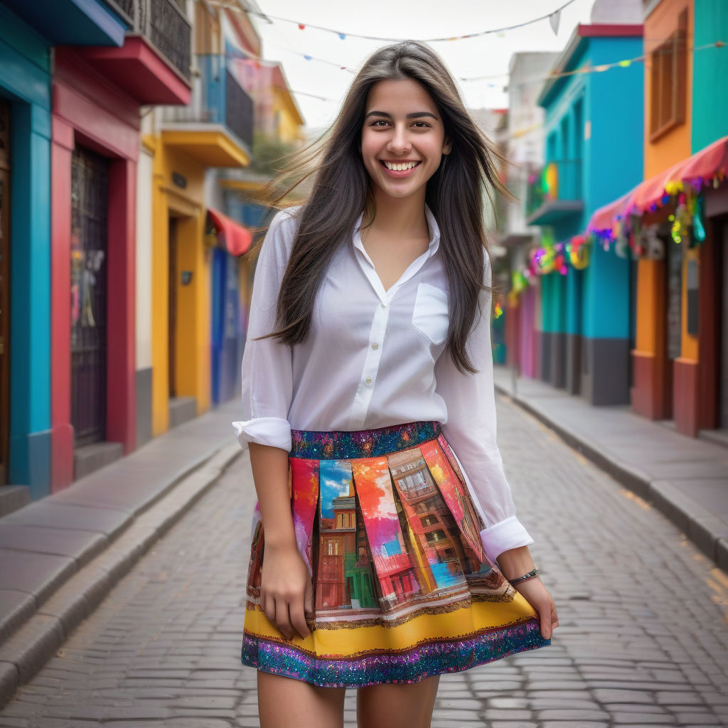 a young Chilean woman in her mid-20s. She has long, dark hair and a bright smile. Her outfit reflects modern Chilean fashion: she is wearing a stylish, fitted blouse paired with a colorful skirt and ankle boots. The background features a lively Chilean street with vibrant buildings and a festive atmosphere, capturing the essence of Chilean culture and style.