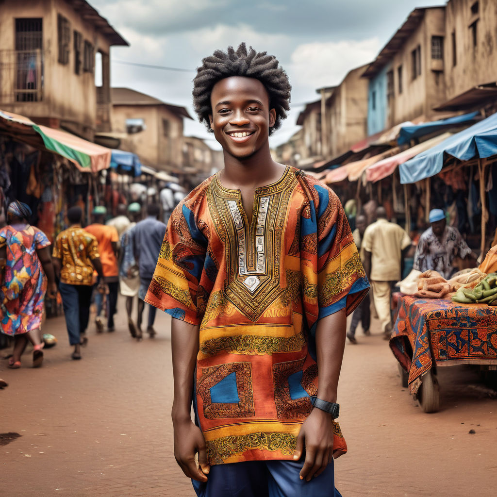 a young Cameroonian man in his mid-20s. He has short, curly black hair and a warm smile. His outfit reflects modern Cameroonian fashion: he is wearing a traditional boubou with vibrant patterns, paired with casual trousers and leather sandals. The background features a lively Cameroonian street with bustling markets and traditional architecture, capturing the essence of Cameroonian culture and style.