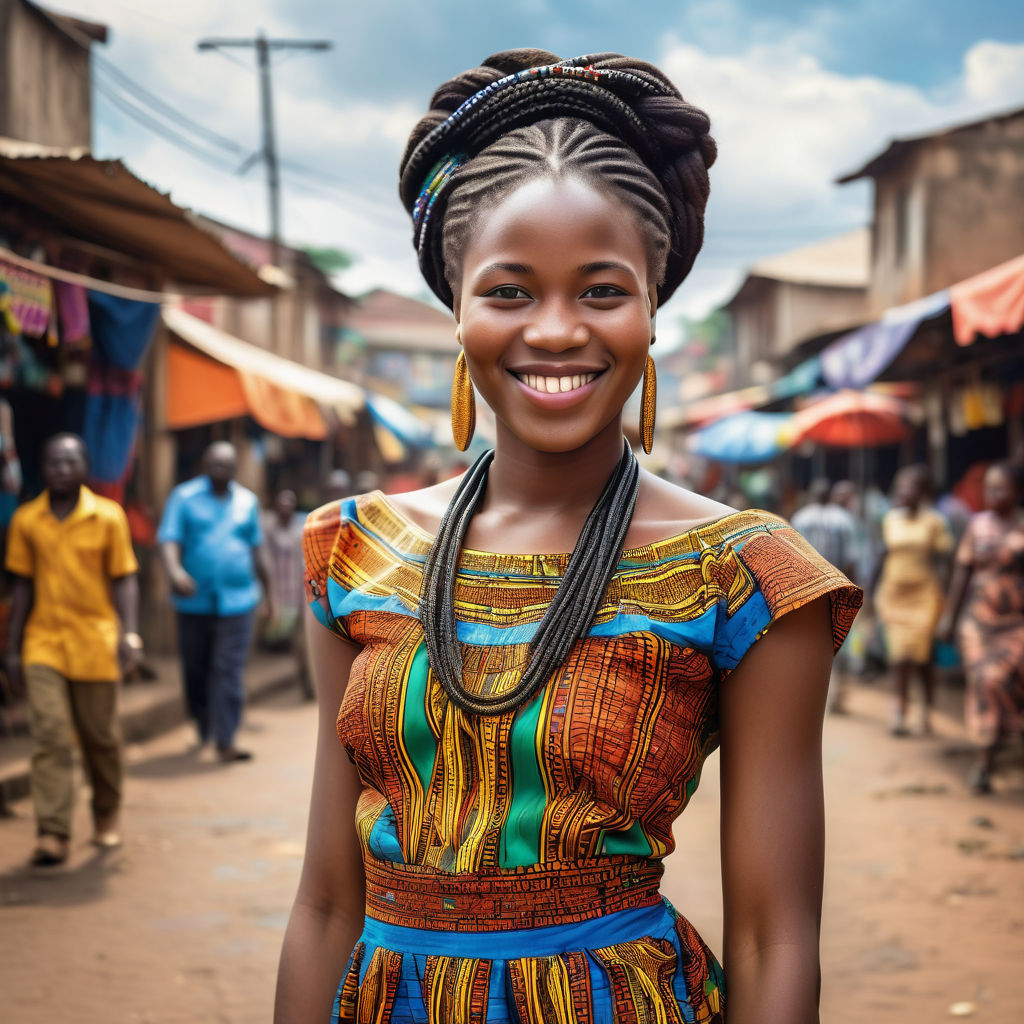 a young Cameroonian woman in her mid-20s. She has long, braided black hair and a bright smile. Her outfit reflects modern Cameroonian fashion: she is wearing a traditional colorful kaba dress with intricate patterns, paired with traditional jewelry. The background features a lively Cameroonian street with bustling markets and traditional architecture, capturing the essence of Cameroonian culture and style.