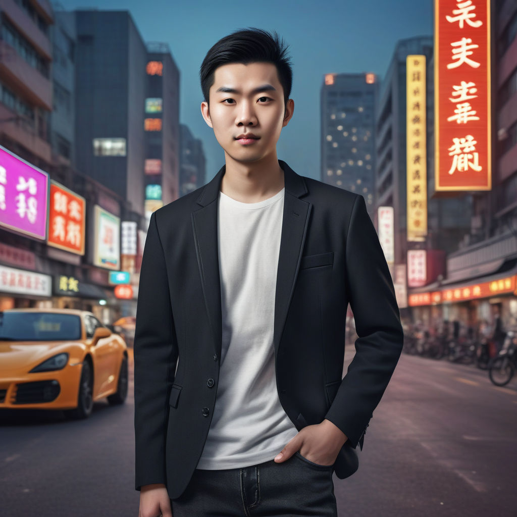 a young Chinese man in his mid-20s. He has short, black hair and a confident expression. His outfit reflects modern Chinese fashion: he is wearing a tailored blazer, a casual t-shirt, slim-fit jeans, and stylish sneakers. The background features a bustling Chinese city street with high-rise buildings and neon signs, capturing the dynamic and contemporary culture of China.