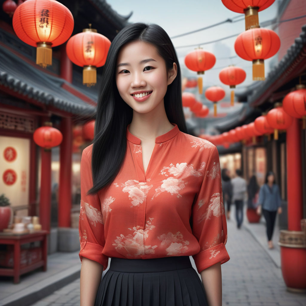 a young Chinese woman in her mid-20s. She has long, straight black hair and a warm smile. Her outfit reflects modern Chinese fashion: she is wearing a stylish blouse, a fashionable skirt, and elegant flats. The background features a lively Chinese city street with traditional red lanterns and modern shops, capturing the blend of tradition and contemporary culture in China.