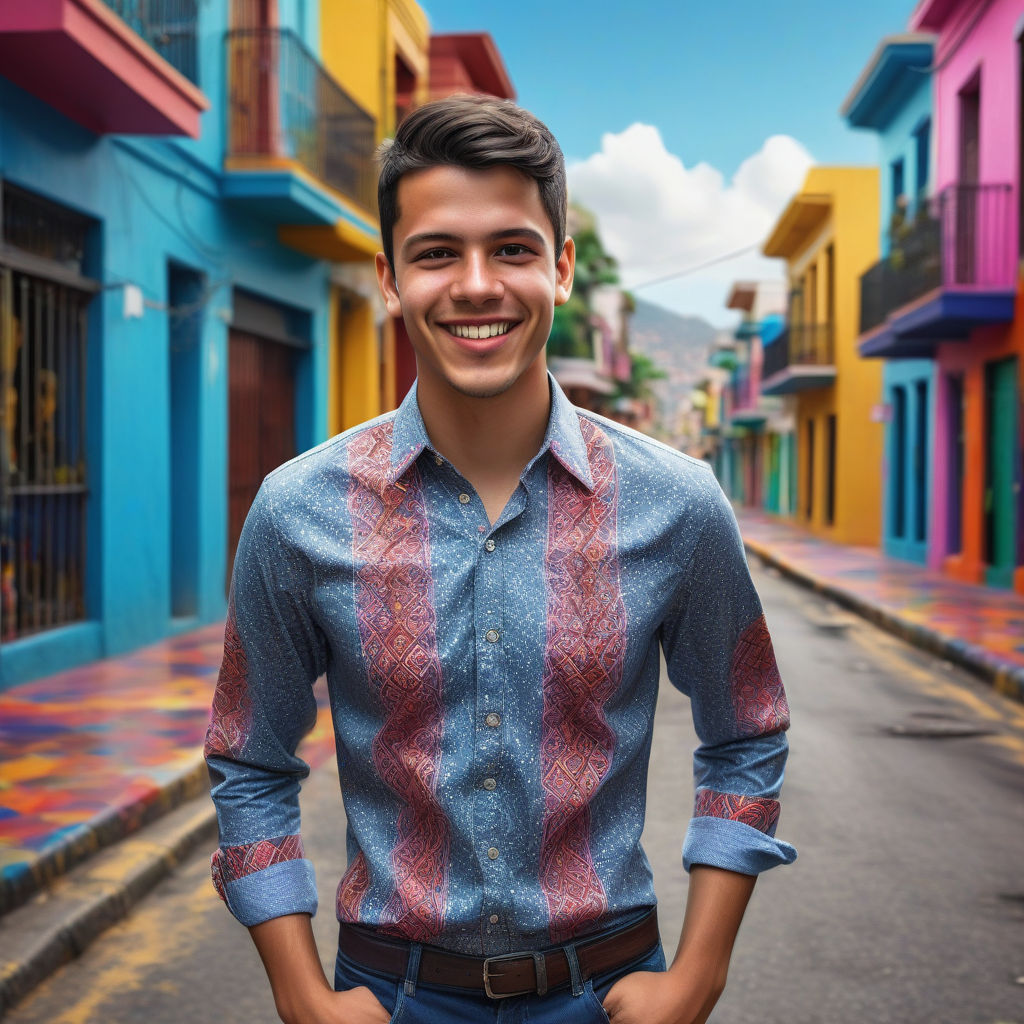 a young Colombian man in his mid-20s. He has short, dark hair and a friendly smile. His outfit reflects modern Colombian fashion: he is wearing a casual, stylish button-up shirt with a vibrant pattern, paired with fitted jeans and loafers. The background features a lively Colombian street with colorful buildings and a festive atmosphere, capturing the essence of Colombian culture and style.