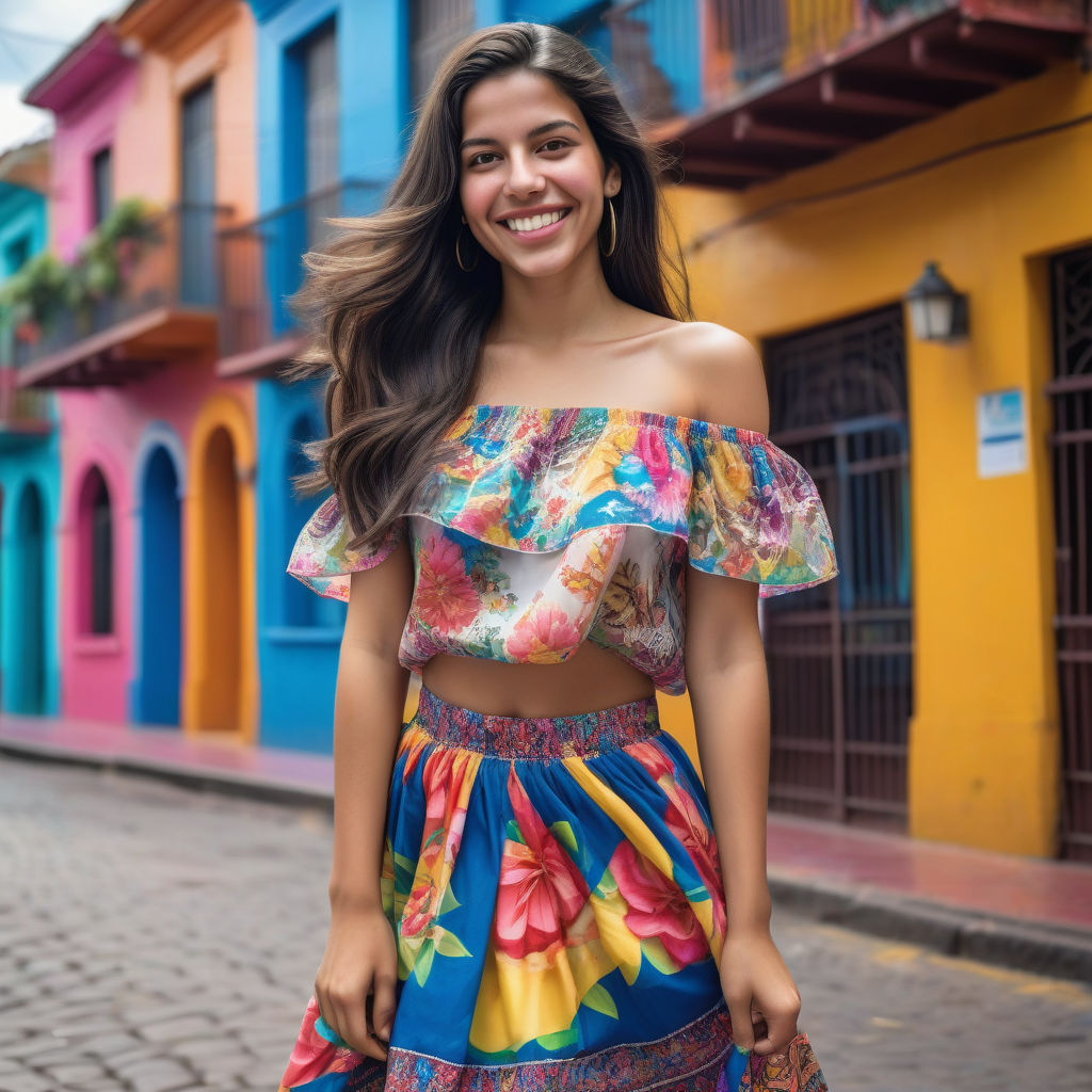 a young Colombian woman in her mid-20s. She has long, dark hair and a radiant smile. Her outfit reflects modern Colombian fashion: she is wearing a colorful, off-shoulder blouse with floral patterns, paired with a flowing skirt and stylish sandals. The background features a vibrant Colombian street with colorful buildings and a festive atmosphere, capturing the essence of Colombian culture and style.