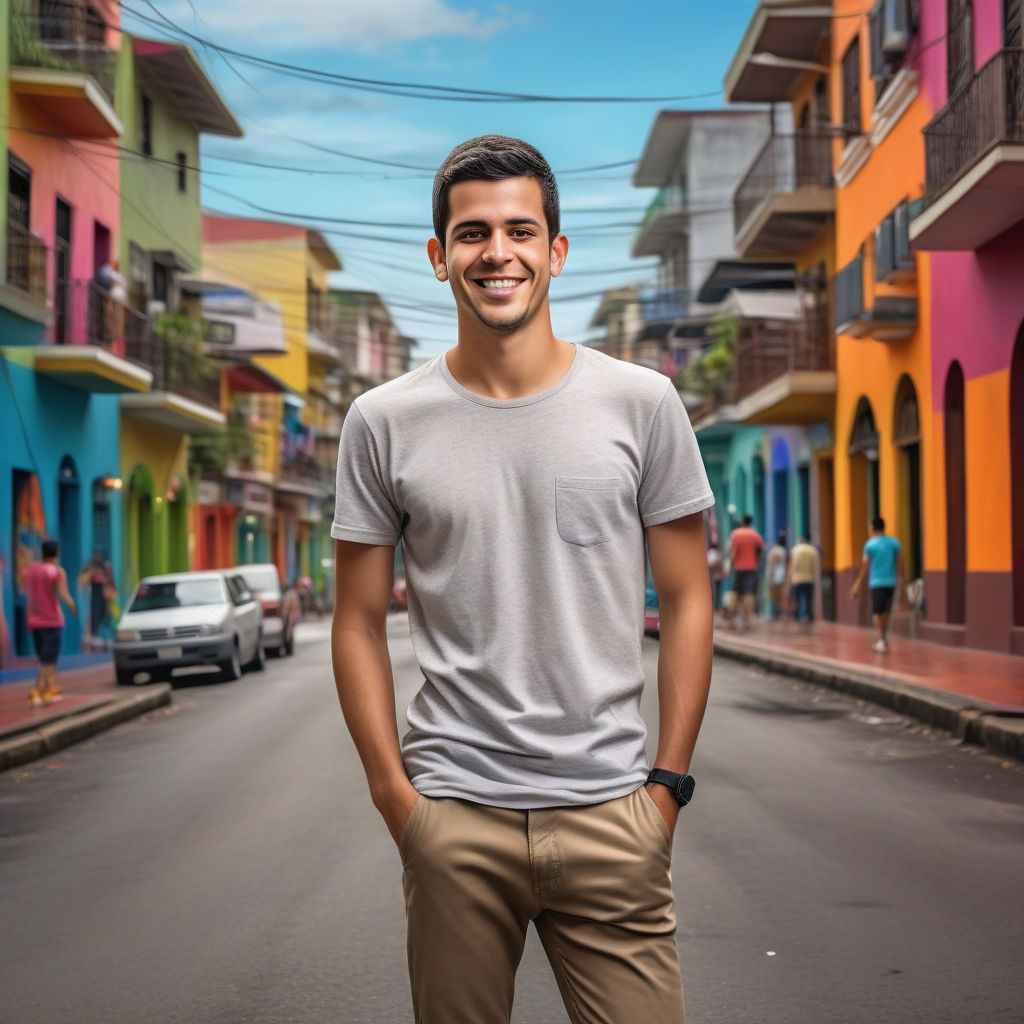 a young Costa Rican man in his mid-20s. He has short, dark hair and a friendly smile. His outfit reflects modern Costa Rican fashion: he is wearing a casual, fitted t-shirt paired with lightweight trousers and stylish sneakers. The background features a lively Costa Rican street with colorful buildings and a vibrant atmosphere, capturing the essence of Costa Rican culture and style.