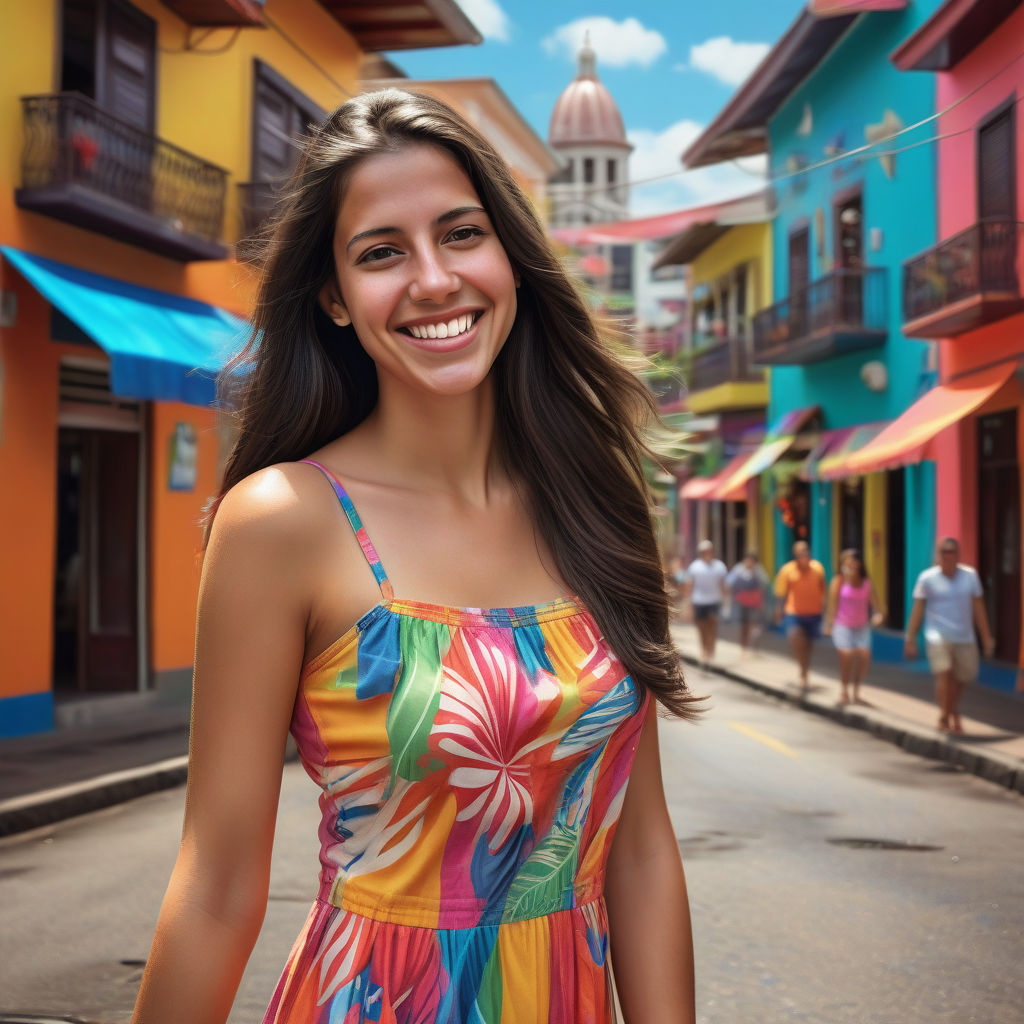 a young Costa Rican woman in her mid-20s. She has long, dark hair and a bright smile. Her outfit reflects modern Costa Rican fashion: she is wearing a colorful, fitted sundress paired with stylish sandals. The background features a lively Costa Rican street with vibrant buildings and a festive atmosphere, capturing the essence of Costa Rican culture and style.