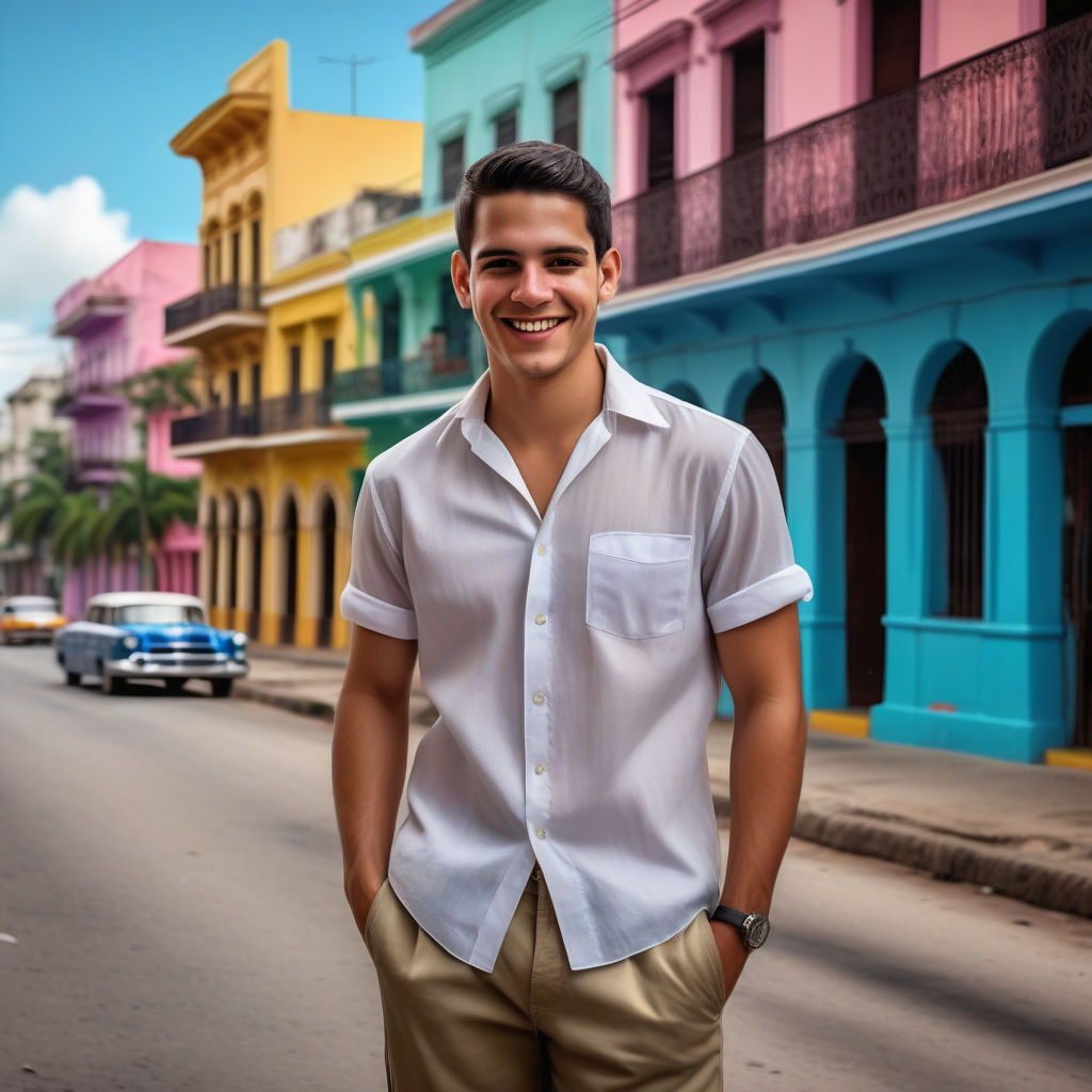 a young Cuban man in his mid-20s. He has short, dark hair and a friendly smile. His outfit reflects modern Cuban fashion: he is wearing a casual, fitted guayabera shirt paired with lightweight trousers and stylish loafers. The background features a lively Cuban street with colorful buildings and a festive atmosphere, capturing the essence of Cuban culture and style.