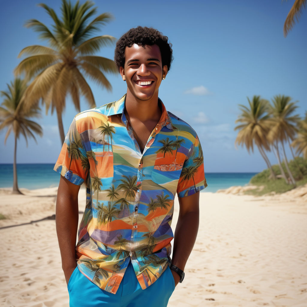 a young Cape Verdean man in his mid-20s from Cape Verde. He has short, curly black hair and a warm smile. His outfit reflects modern Cape Verdean fashion: he is wearing a colorful, casual shirt paired with lightweight trousers and sandals. The background features a picturesque Cape Verdean beach with palm trees and clear blue water, capturing the essence of Cape Verdean culture and style.