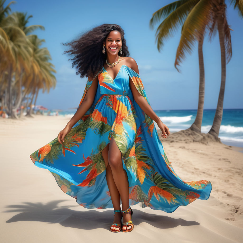 a young Cape Verdean woman in her mid-20s from Cape Verde. She has long, curly black hair and a bright smile. Her outfit reflects modern Cape Verdean fashion: she is wearing a colorful, flowing dress paired with stylish sandals and traditional jewelry. The background features a picturesque Cape Verdean beach with palm trees and clear blue water, capturing the essence of Cape Verdean culture and style.