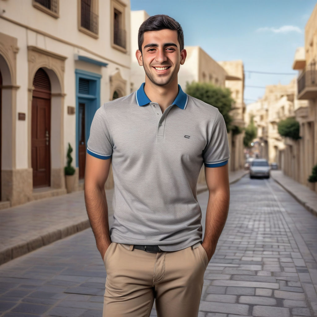 a young Cypriot man in his mid-20s from Cyprus. He has short, dark hair and a friendly smile. His outfit reflects modern Cypriot fashion: he is wearing a casual, fitted polo shirt paired with lightweight trousers and stylish loafers. The background features a picturesque Cypriot street with historic buildings and a vibrant atmosphere, capturing the essence of Cypriot culture and style.