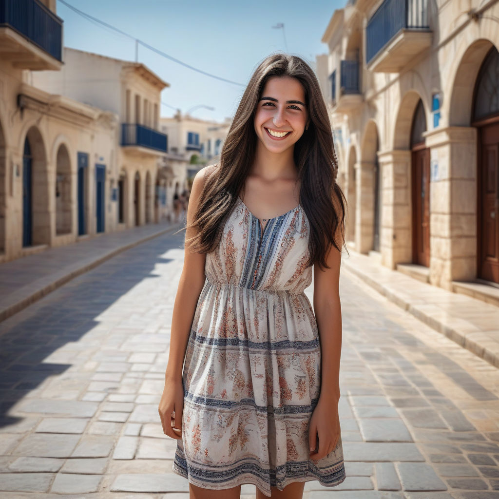 a young Cypriot woman in her mid-20s from Cyprus. She has long, dark hair and a bright smile. Her outfit reflects modern Cypriot fashion: she is wearing a stylish sundress paired with fashionable sandals. The background features a picturesque Cypriot street with historic buildings and a vibrant atmosphere, capturing the essence of Cypriot culture and style.