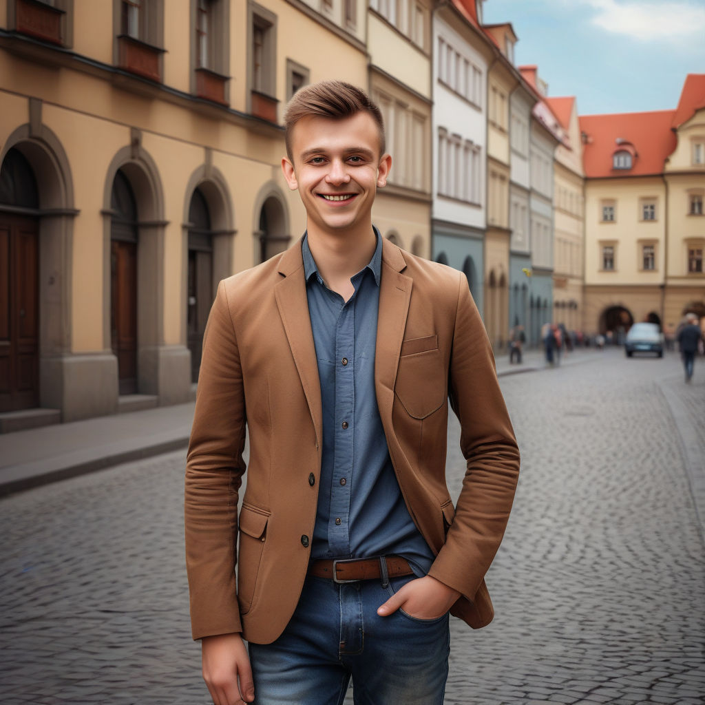 a young Czech man in his mid-20s. He has short, light brown hair and a friendly smile. His outfit reflects modern Czech fashion: he is wearing a stylish, fitted blazer over a casual shirt, paired with slim-fit jeans and leather shoes. The background features a charming Czech street with historic buildings and a cozy atmosphere, capturing the essence of Czech culture and style.