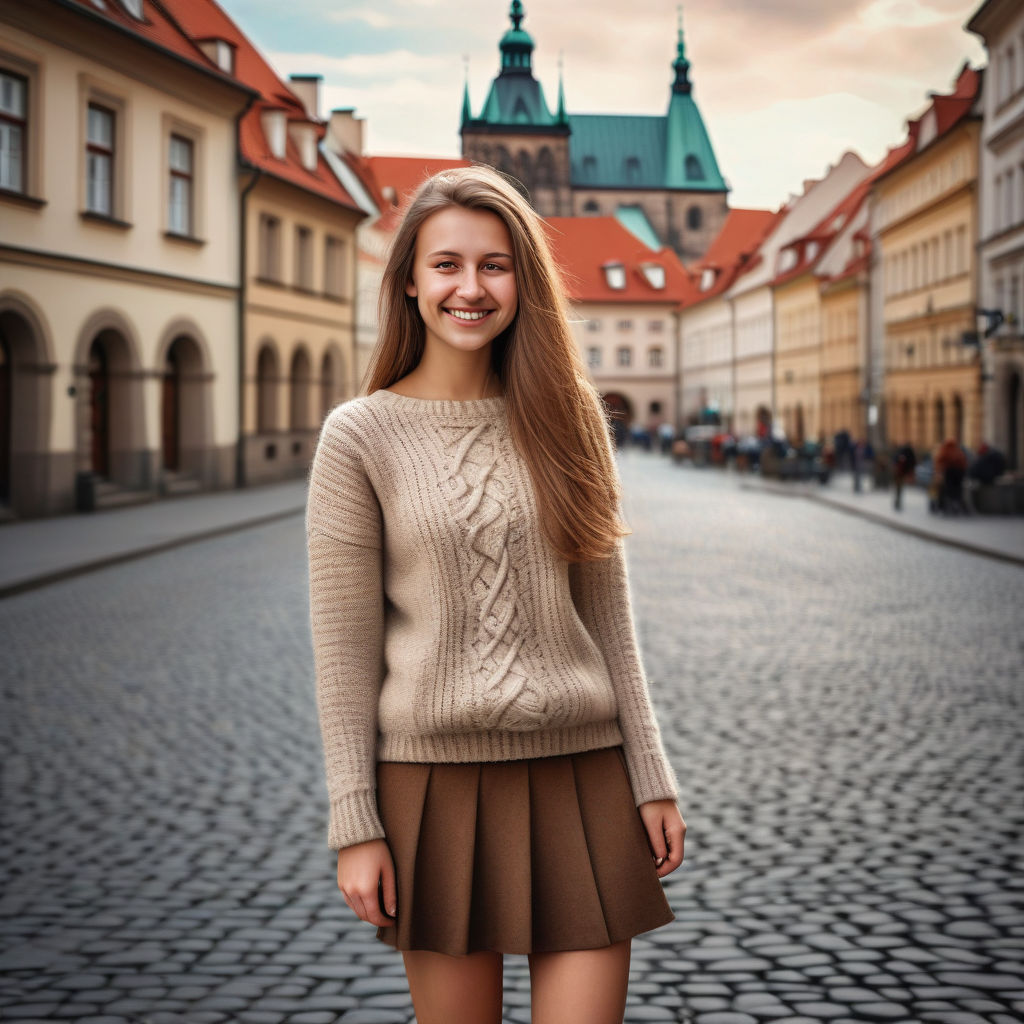 a young Czech woman in her mid-20s. She has long, light brown hair and a warm smile. Her outfit reflects modern Czech fashion: she is wearing a stylish, cozy knit sweater paired with a fashionable skirt and ankle boots. The background features a picturesque Czech street with historic buildings and a cozy atmosphere, capturing the essence of Czech culture and style.