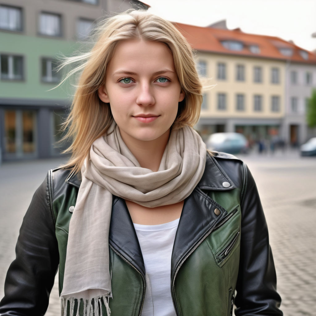 a young German woman in her mid-20s. She has shoulder-length blonde hair, green eyes, and a friendly expression. Dressed in contemporary German fashion, wearing a stylish yet casual outfit: a fitted blouse, a fashionable leather jacket, skinny jeans. She accessorizes with a scarf. The background features a modern urban German setting with trendy cafes and shops, capturing the essence of contemporary German culture.