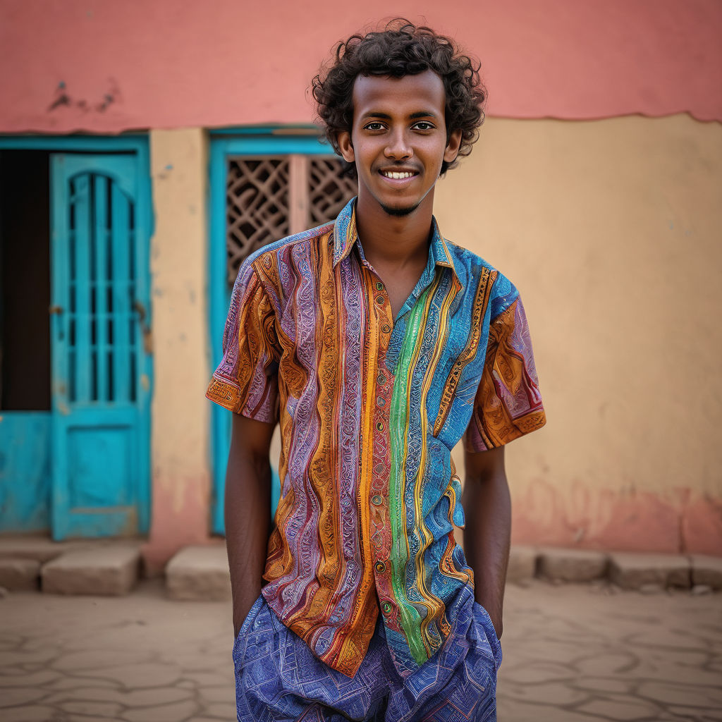 a young Djiboutian man in his mid-20s from Djibouti. He has short, curly black hair and a confident expression. His outfit reflects traditional Djiboutian fashion: he is wearing a light, colorful shirt with intricate patterns, paired with loose-fitting trousers and simple sandals. The background features a vibrant Djiboutian street with traditional buildings and bustling markets, capturing the essence of Djiboutian culture and style.