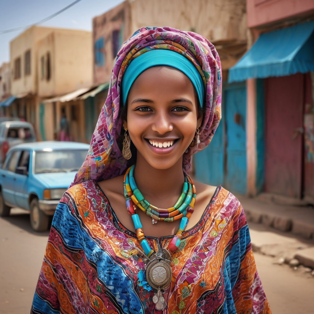 a young Djiboutian woman in her mid-20s from Djibouti. She has long, curly black hair and a bright, welcoming smile. Her outfit reflects traditional Djiboutian fashion: she is wearing a colorful, patterned dress with a matching headscarf and simple jewelry. The background features a lively Djiboutian street with traditional buildings and bustling markets, capturing the essence of Djiboutian culture and style.