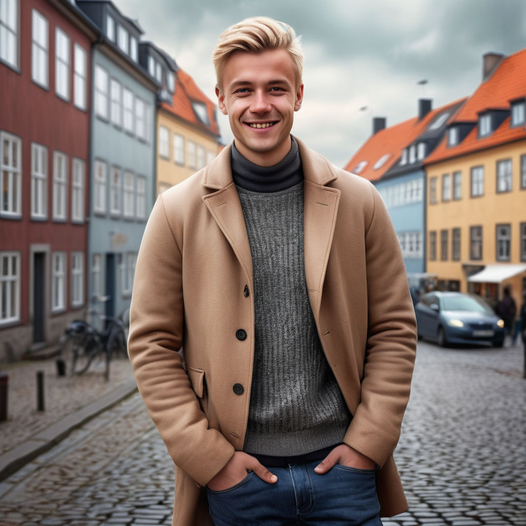 a young Danish man in his mid-20s. He has short, blonde hair and a friendly smile. His outfit reflects modern Danish fashion: he is wearing a stylish, fitted coat over a casual sweater, paired with slim-fit jeans and leather boots. The background features a picturesque Danish street with historic buildings and a cozy atmosphere, capturing the essence of Danish culture and style.