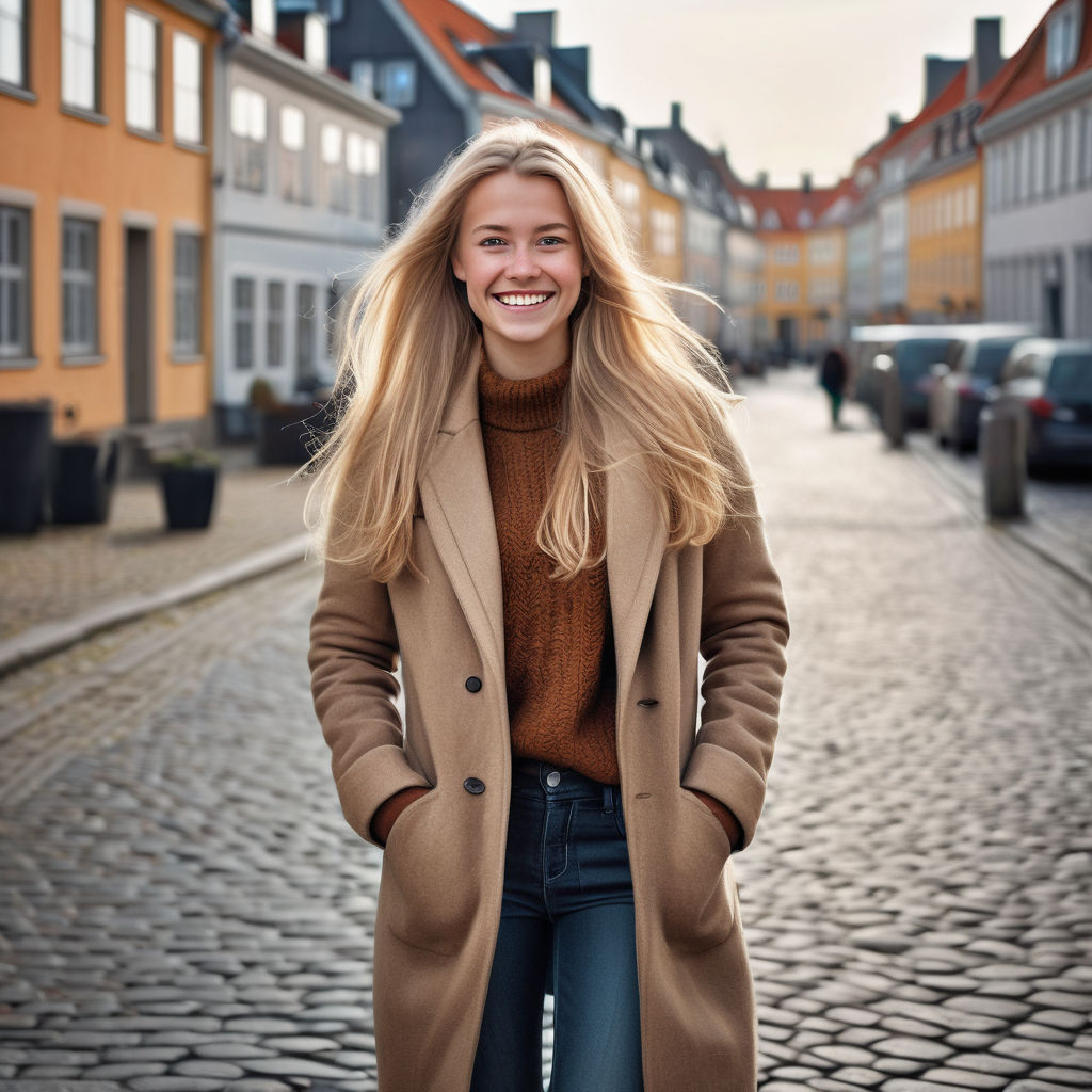 a young Danish woman in her mid-20s. She has long, blonde hair and a bright smile. Her outfit reflects modern Danish fashion: she is wearing a stylish, fitted coat over a cozy sweater, paired with skinny jeans and ankle boots. The background features a picturesque Danish street with historic buildings and a cozy atmosphere, capturing the essence of Danish culture and style.