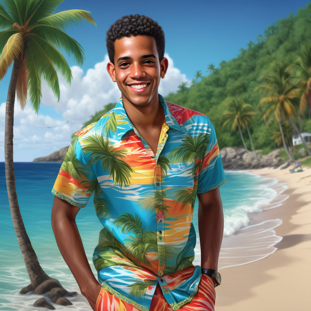 a young Dominican man in his mid-20s from Dominica. He has short, curly black hair and a bright, friendly smile. His outfit reflects traditional Dominican fashion: he is wearing a colorful, tropical shirt with island patterns, paired with casual shorts and sandals. The background features a picturesque Dominican beach with clear blue waters and lush palm trees, capturing the essence of Dominican culture and style.