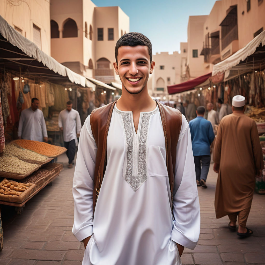 a young Algerian man in his mid-20s. He has short, dark hair and a warm smile. His outfit reflects modern Algerian fashion: he is wearing a traditional white djellaba paired with leather sandals. The background features a bustling Algerian street with vibrant markets and traditional architecture, capturing the essence of Algerian culture and style.