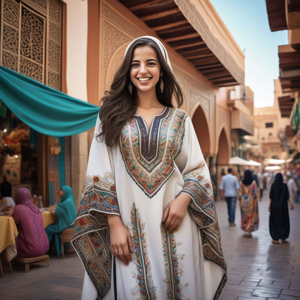 a young Algerian woman in her mid-20s. She has long, dark hair and a bright smile. Her outfit reflects modern Algerian fashion: she is wearing a traditional kaftan with intricate embroidery, paired with a matching hijab and stylish sandals. The background features a bustling Algerian street with vibrant markets and traditional architecture, capturing the essence of Algerian culture and style.