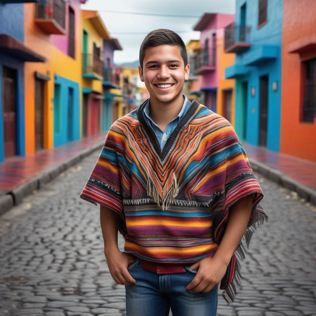 a young Ecuadorian man in his mid-20s. He has short, dark hair and a friendly smile. His outfit reflects modern Ecuadorian fashion: he is wearing a traditional poncho with vibrant patterns over a casual shirt, paired with jeans and leather shoes. The background features a lively Ecuadorian street with colorful buildings and a festive atmosphere, capturing the essence of Ecuadorian culture and style.