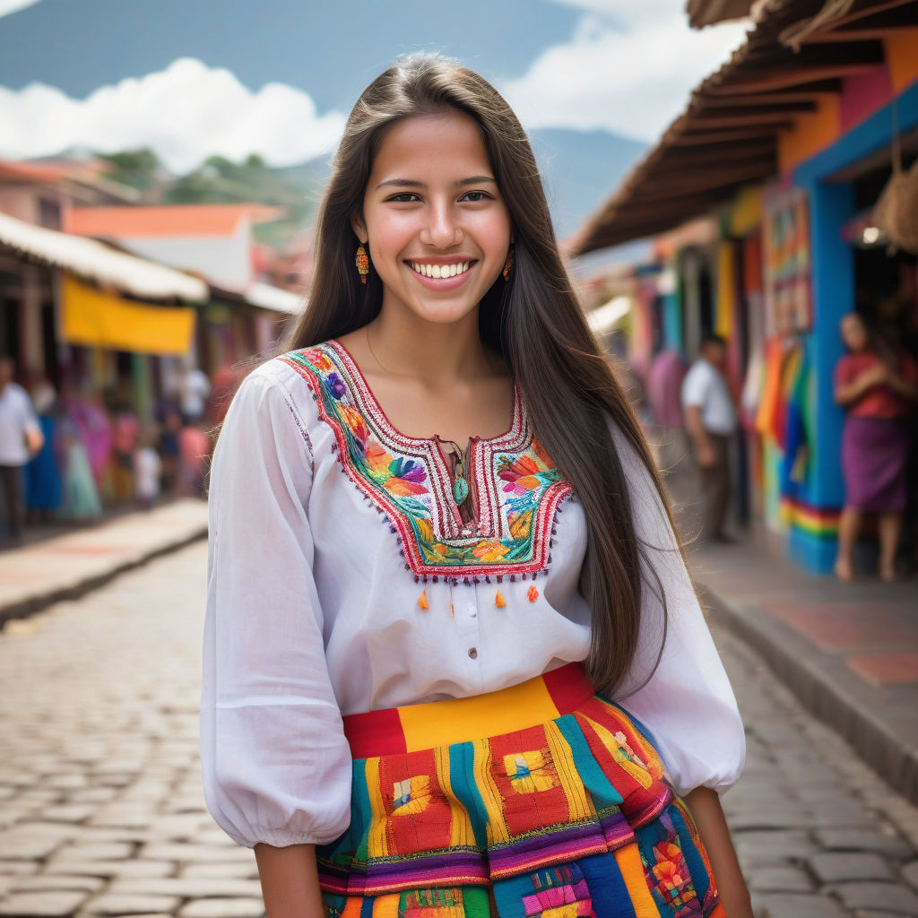 a young Ecuadorian woman in her mid-20s. She has long, dark hair and a bright smile. Her outfit reflects modern Ecuadorian fashion: she is wearing a traditional embroidered blouse paired with a colorful skirt and shawl. The background features a lively Ecuadorian street with vibrant markets and traditional architecture, capturing the essence of Ecuadorian culture and style.