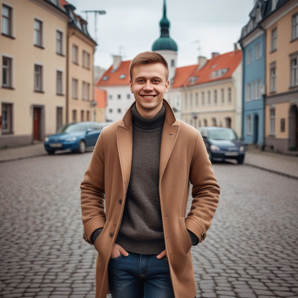 a young Estonian man in his mid-20s. He has short, light brown hair and a friendly smile. His outfit reflects modern Estonian fashion: he is wearing a stylish, fitted coat over a casual sweater, paired with slim-fit jeans and leather shoes. The background features a picturesque Estonian street with historic buildings and a cozy atmosphere, capturing the essence of Estonian culture and style.