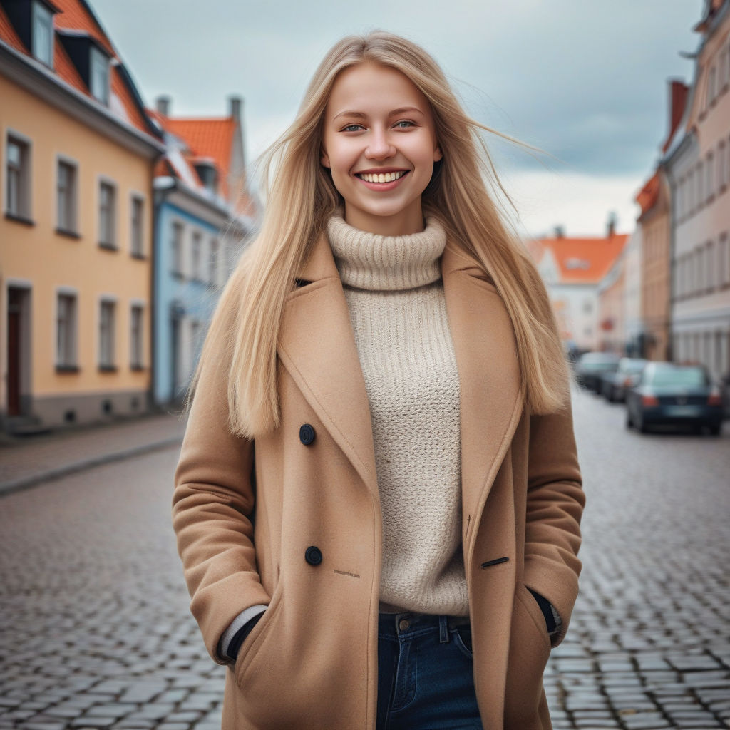 a young Estonian woman in her mid-20s. She has long, blonde hair and a bright smile. Her outfit reflects modern Estonian fashion: she is wearing a stylish, fitted coat over a cozy sweater, paired with slim-fit jeans and ankle boots. The background features a picturesque Estonian street with historic buildings and a cozy atmosphere, capturing the essence of Estonian culture and style.