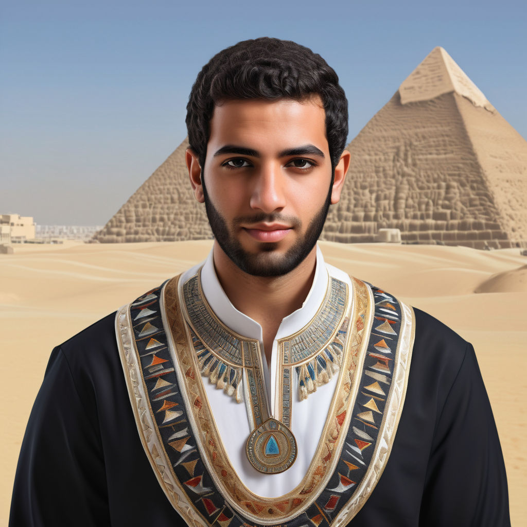 a young Egyptian man in his mid-20s. He has short, dark hair and a well-groomed beard. He is dressed in traditional Egyptian attire, featuring a white galabeya with an embroidered neckline. The background includes an iconic Egyptian landmark, such as the Pyramids of Giza, to showcase Egyptian culture and heritage.