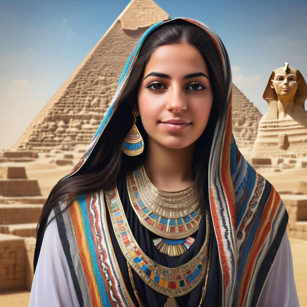 a young Egyptian woman in her mid-20s. She has long, dark hair and is wearing a traditional Egyptian dress, such as a colorful galabeya with intricate patterns. She also has a hijab draped elegantly over her shoulders. The background features an iconic Egyptian landmark, such as the Pyramids of Giza, to highlight Egyptian culture and heritage.