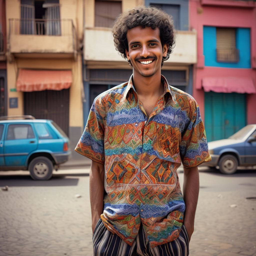 a young Eritrean man in his mid-20s from Eritrea. He has short, curly black hair and a confident, friendly smile. His outfit reflects traditional Eritrean fashion: he is wearing a colorful, patterned shirt with intricate designs, paired with loose-fitting trousers and simple sandals. The background features a vibrant Eritrean street with traditional buildings and bustling markets, capturing the essence of Eritrean culture and style.