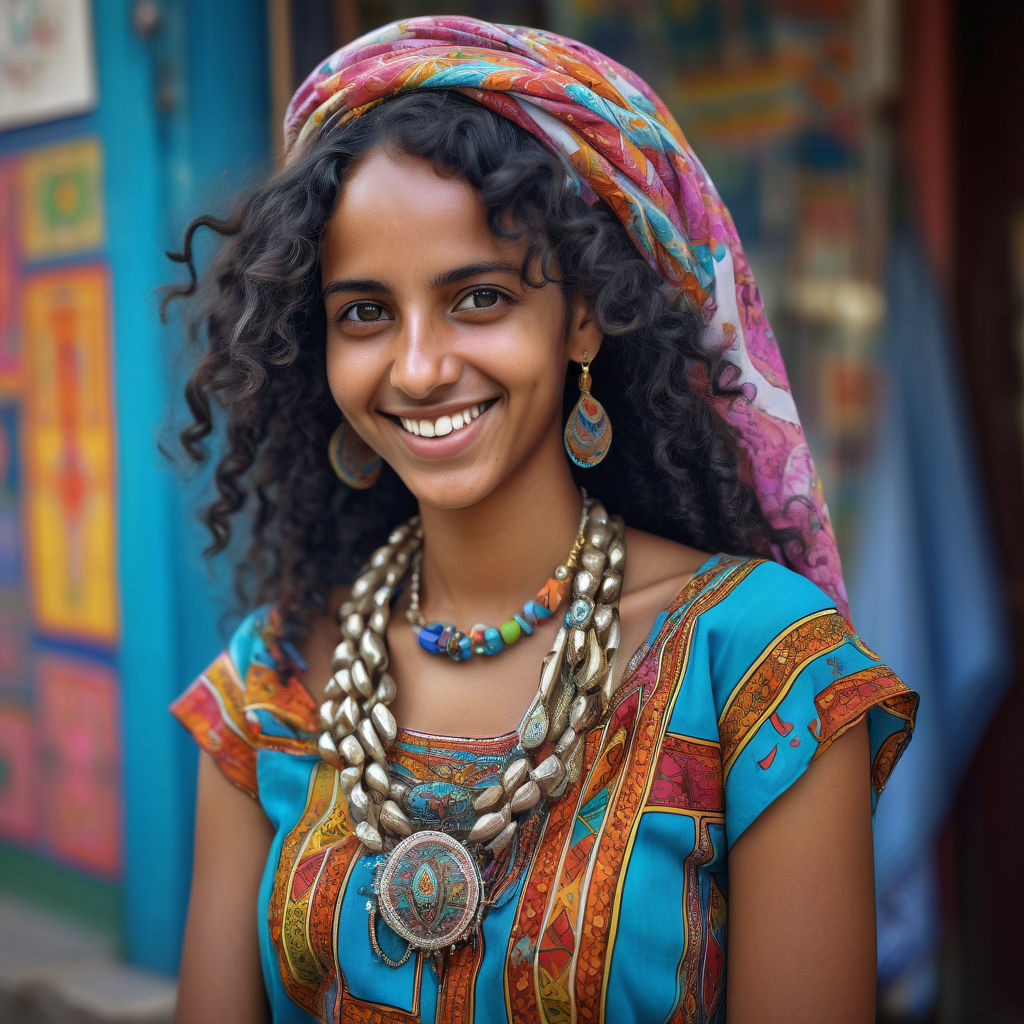 a young Eritrean woman in her mid-20s from Eritrea. She has long, curly black hair and a bright, welcoming smile. Her outfit reflects traditional Eritrean fashion: she is wearing a colorful, patterned dress with intricate designs, paired with a matching headscarf and simple jewelry. The background features a lively Eritrean street with traditional buildings and bustling markets, capturing the essence of Eritrean culture and style.