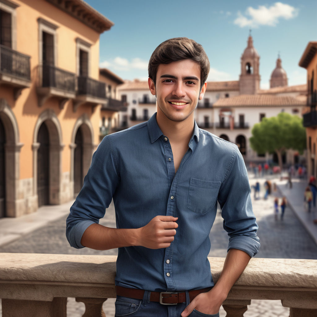 a young Spanish man in his mid-20s. He has short, dark hair and is wearing stylish, casual attire typical of Spain, such as a fitted button-up shirt and slim-fit jeans. He has a confident and friendly expression. The background features a scenic view of a traditional Spanish plaza, with historic architecture and bustling street life, to highlight Spanish culture and atmosphere.